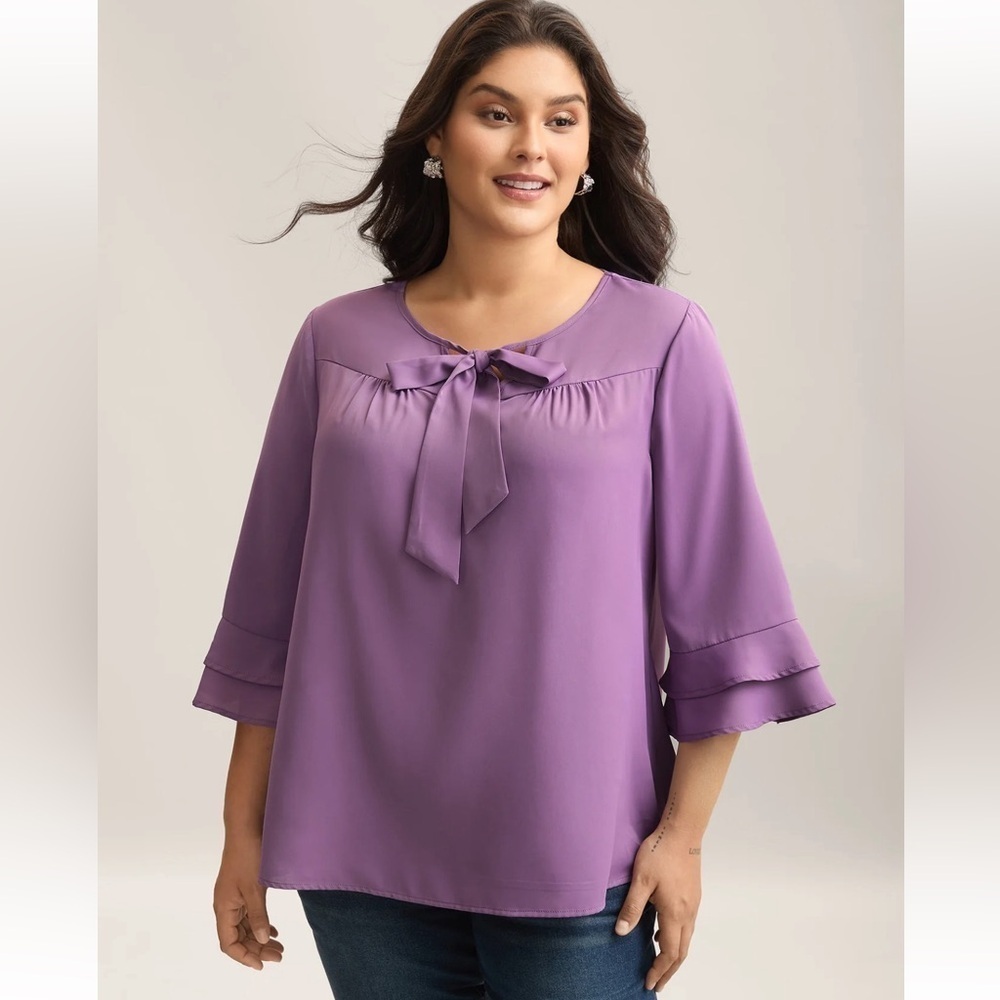 BloomChic Plus Size Solid Ribbon Tied Collar Bell Sleeve Blouse